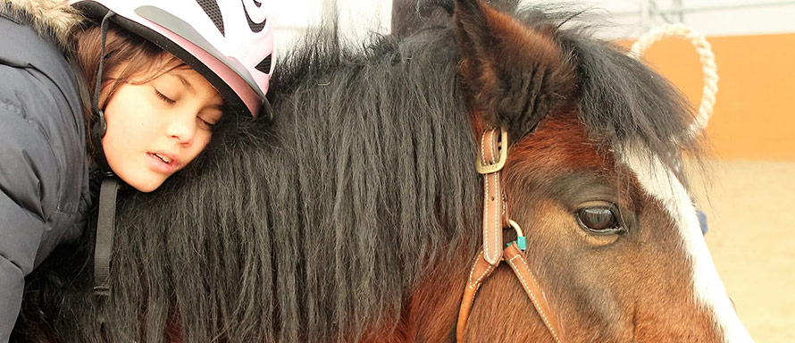  a young girl with helmet resting on the back of a horse with her eyes closed